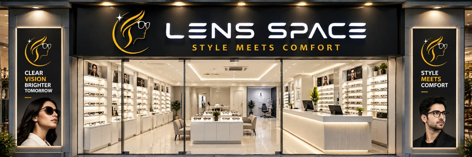 Lens Space storefront with illuminated signage and a bright eyewear showroom