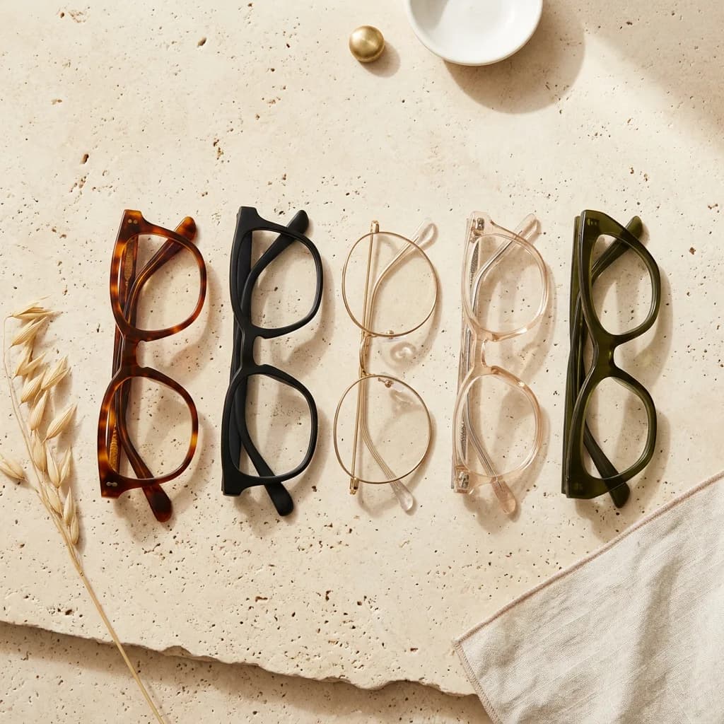 A curated selection of gold, tortoise and acetate eyewear frames