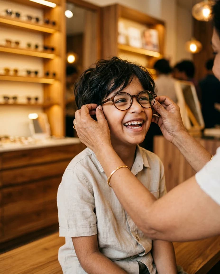 Illustrative portrait of a happy child wearing comfortable round eyeglasses