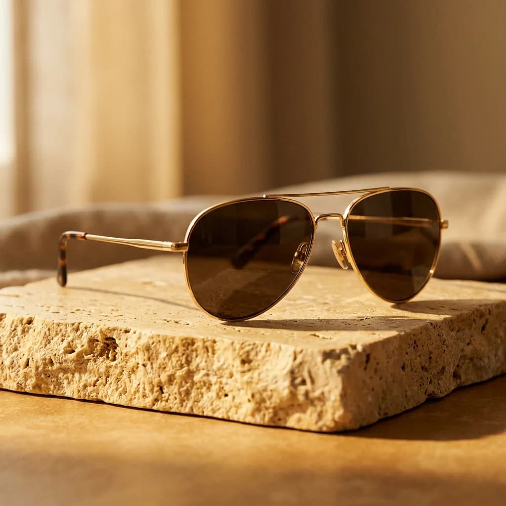 Gold aviator sunglasses in warm sunlight