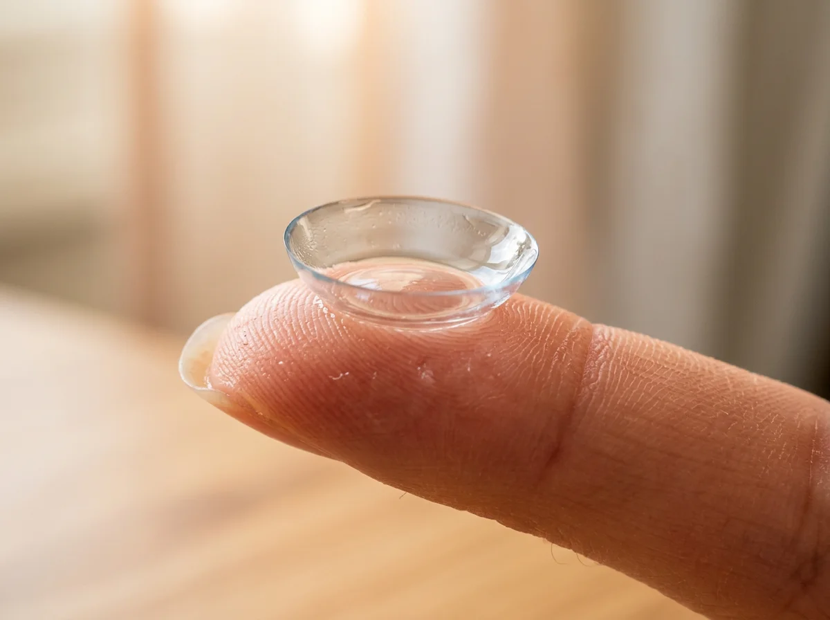 A contact lens balanced on a clean fingertip