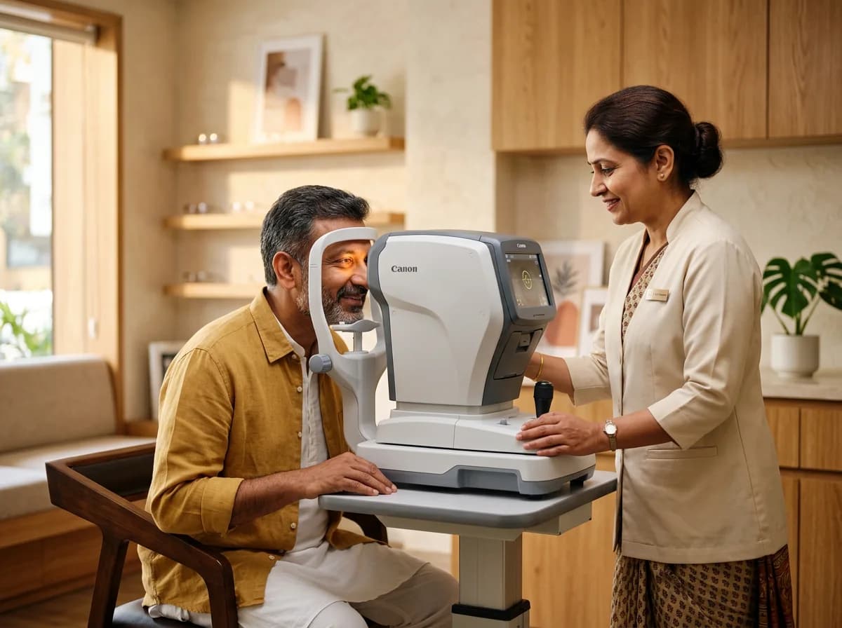 Illustrative digital eye check-up with an optician and patient
