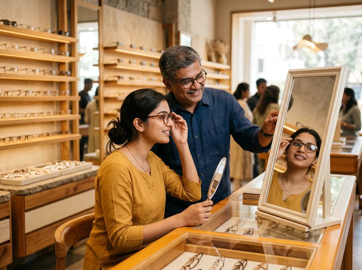 Illustrative optician helping a woman choose eyeglass frames