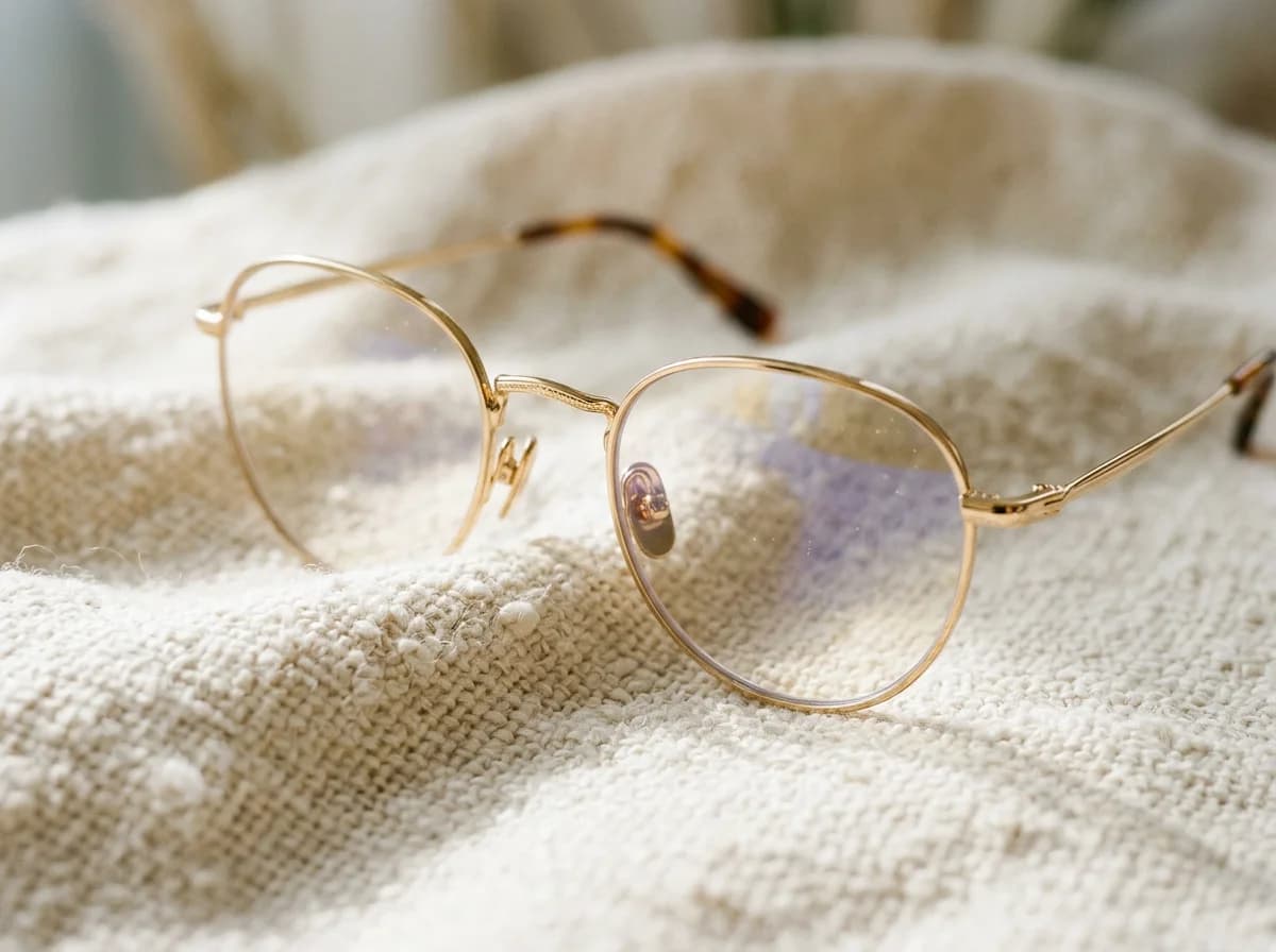 Close-up of gold glasses with subtle lens coating reflections