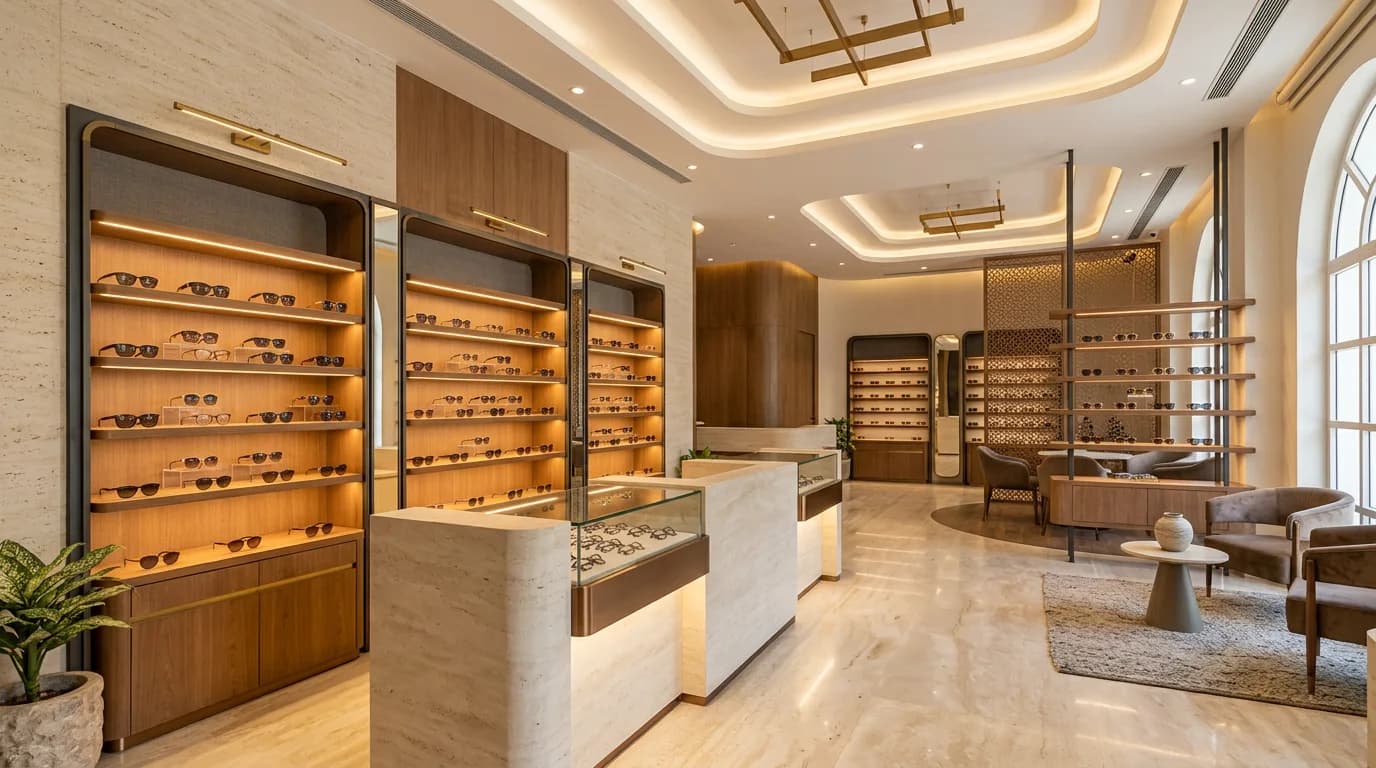 Illustrative warm optical showroom with illuminated wood frame displays