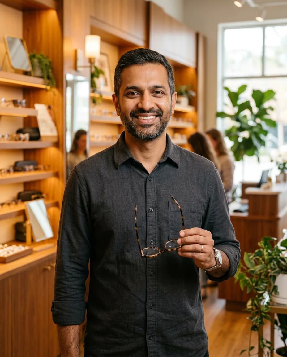 Illustrative portrait of an Indian optician, not an actual LensSpace team member